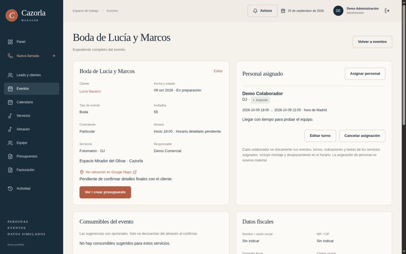 Ficha de la boda de Lucía y Marcos con cliente, servicios y colaborador asignado.